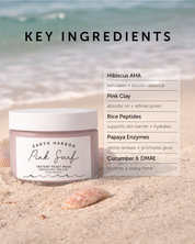 Earth Harbor Pink Surf mask jar on sand with key ingredients list against a beach background